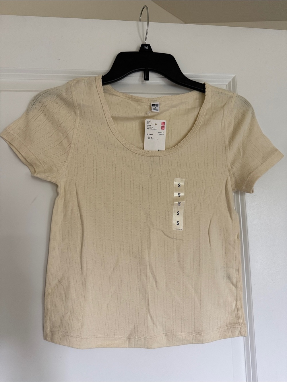 Uniqlo Pointelle Round Neck Mini T-Shirt in Cream - Japan Size S